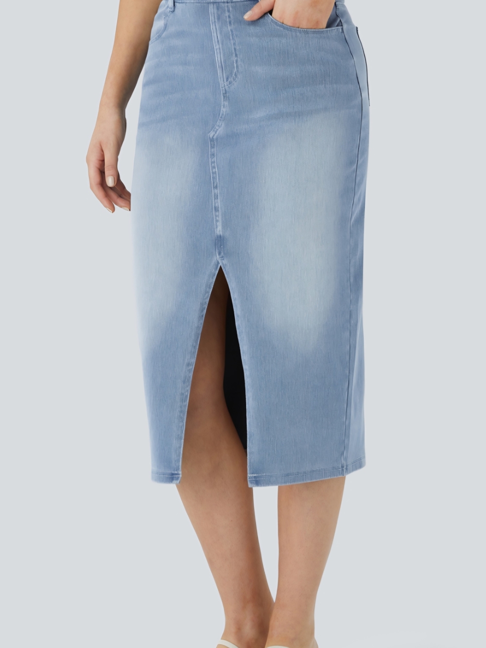 Halara Flex™ Denim High Waisted Pockets Bodycon Washed Denim Casual Midi Medium